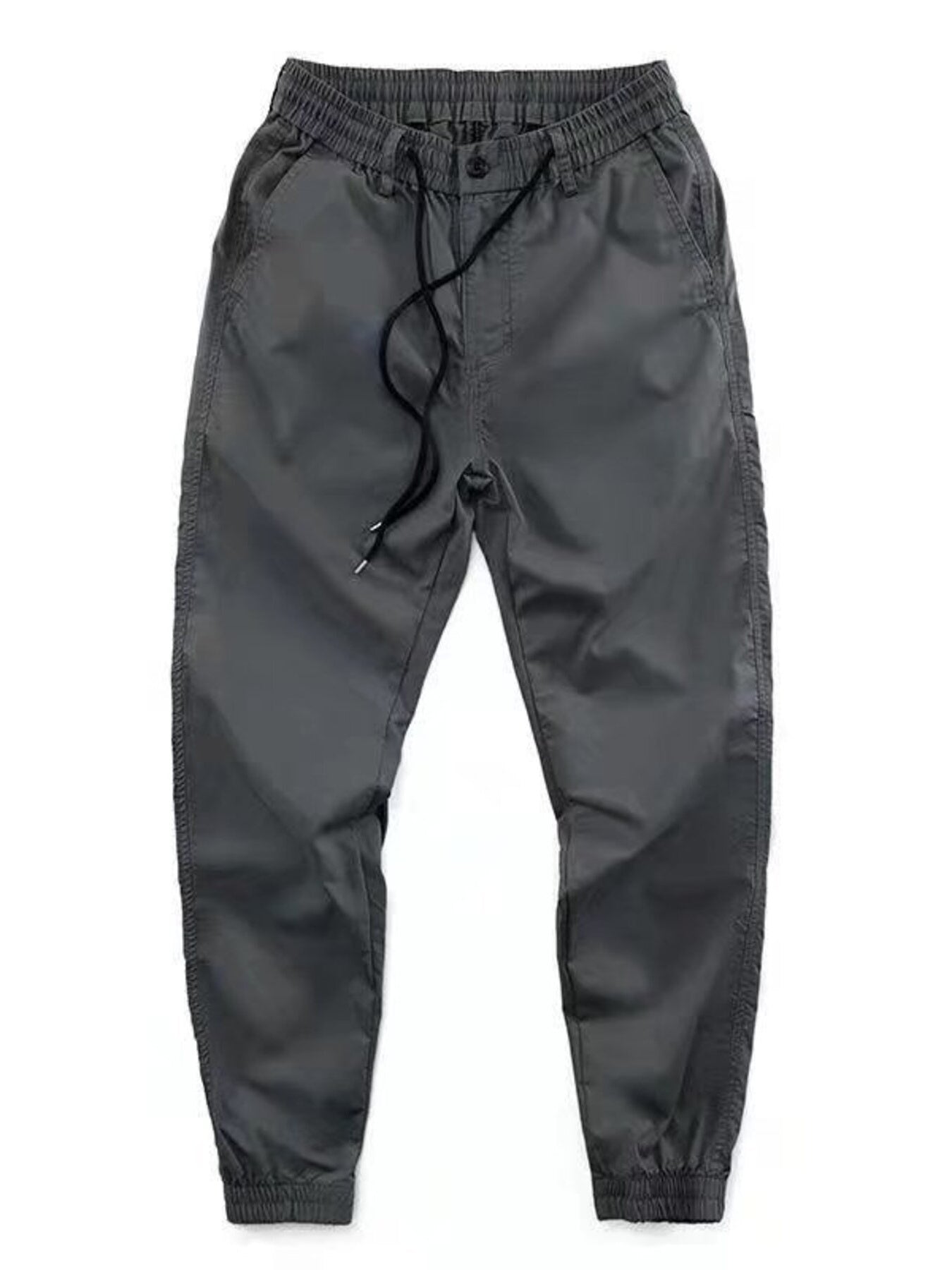 Men's grey drawstring joggers with a relaxed fit and cuffed ankles.