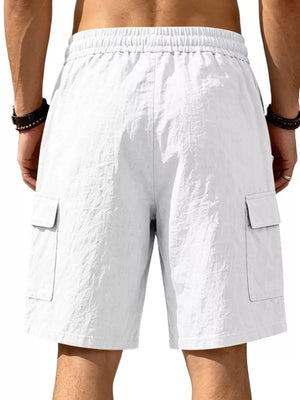 White crinkled texture cargo shorts with drawstring waist and flap pockets.