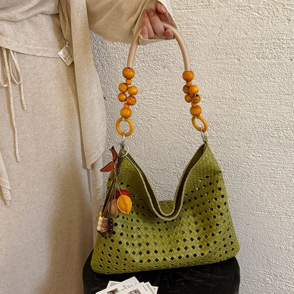 Cutout Shoulder Bag With Beaded Handle in Green, side view