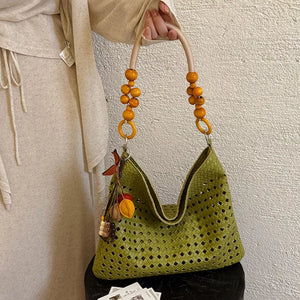 Cutout Shoulder Bag With Beaded Handle in Green, side view