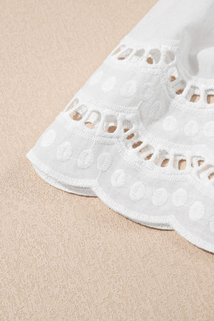 White cotton tee with lace inset sleeve detail and scalloped hem.