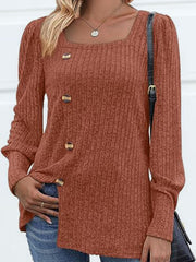 Ribbed knit square neck blouse in Red Orange with puff sleeves and button detail.