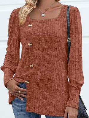 Ribbed knit square neck blouse in Red Orange with puff sleeves and button detail.