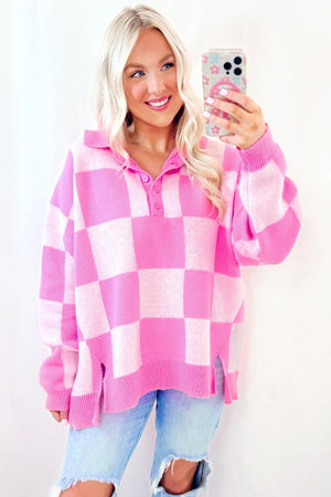 Fuchsia pink checkered knit sweater with polo neckline and button detail