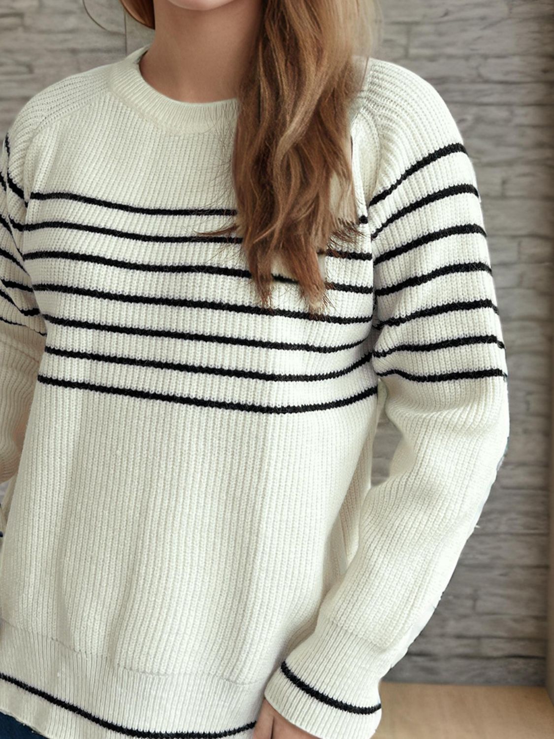 Breton stripe ribbed knit crewneck sweater in white with black stripes, acrylic.
