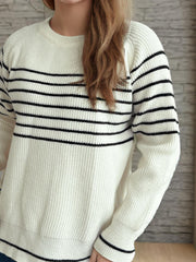 Breton stripe ribbed knit crewneck sweater in white with black stripes, acrylic.