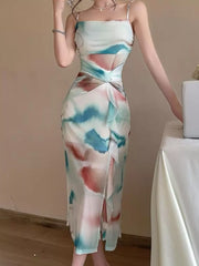 Abstract Watercolor Ruched Midi Dress in Yellow, back view