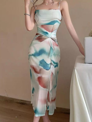Abstract Watercolor Ruched Midi Dress in Yellow, back view