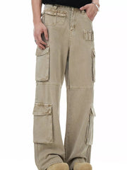 Men's khaki cargo pants with multiple utility pockets and a distressed wash.