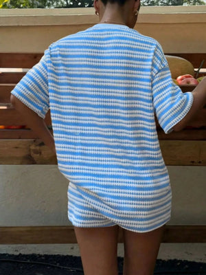 Light Blue Stripes relaxed fit two-piece set with short sleeves and shorts.