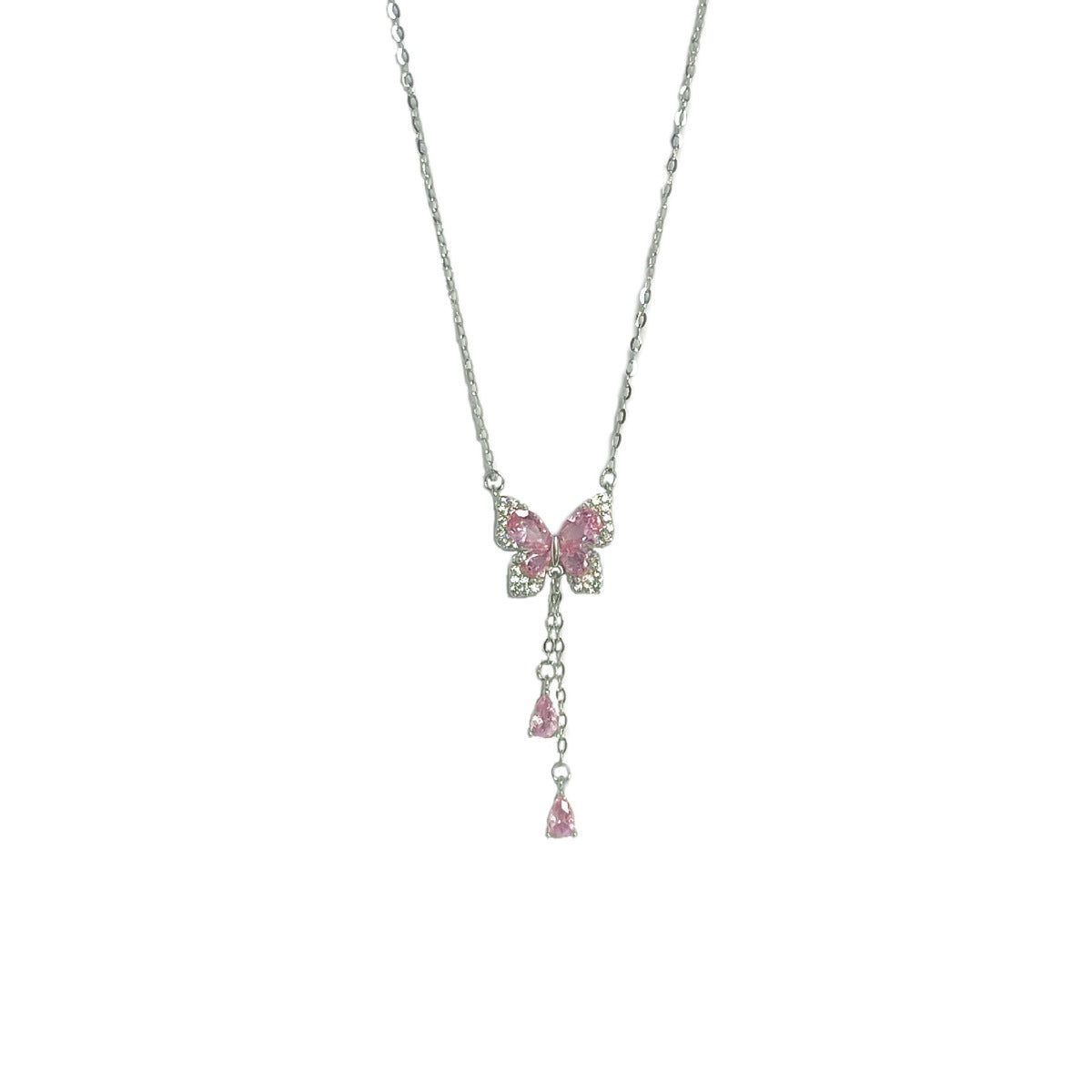 Sparkling butterfly pendant necklace with pink gems and silver chain.