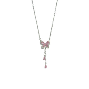 Sparkling butterfly pendant necklace with pink gems and silver chain.