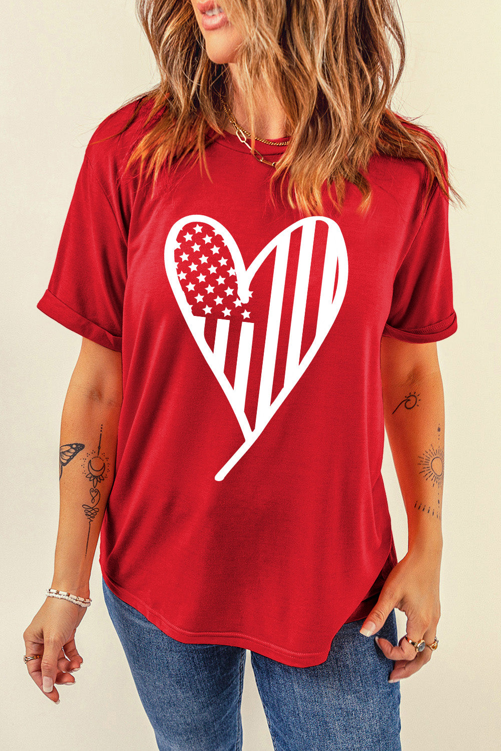 Red short sleeve tee with white heart graphic featuring American flag stripes and stars