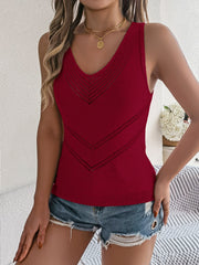 Burgundy open-knit chevron tank top with V-neck and sleeveless design.