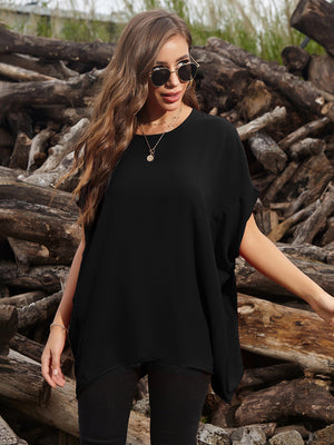 Black draped asymmetrical sleeve blouse with a relaxed fit and rounded neckline.
