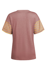Colorblock raglan tee in dusty pink with yellow striped sleeves.