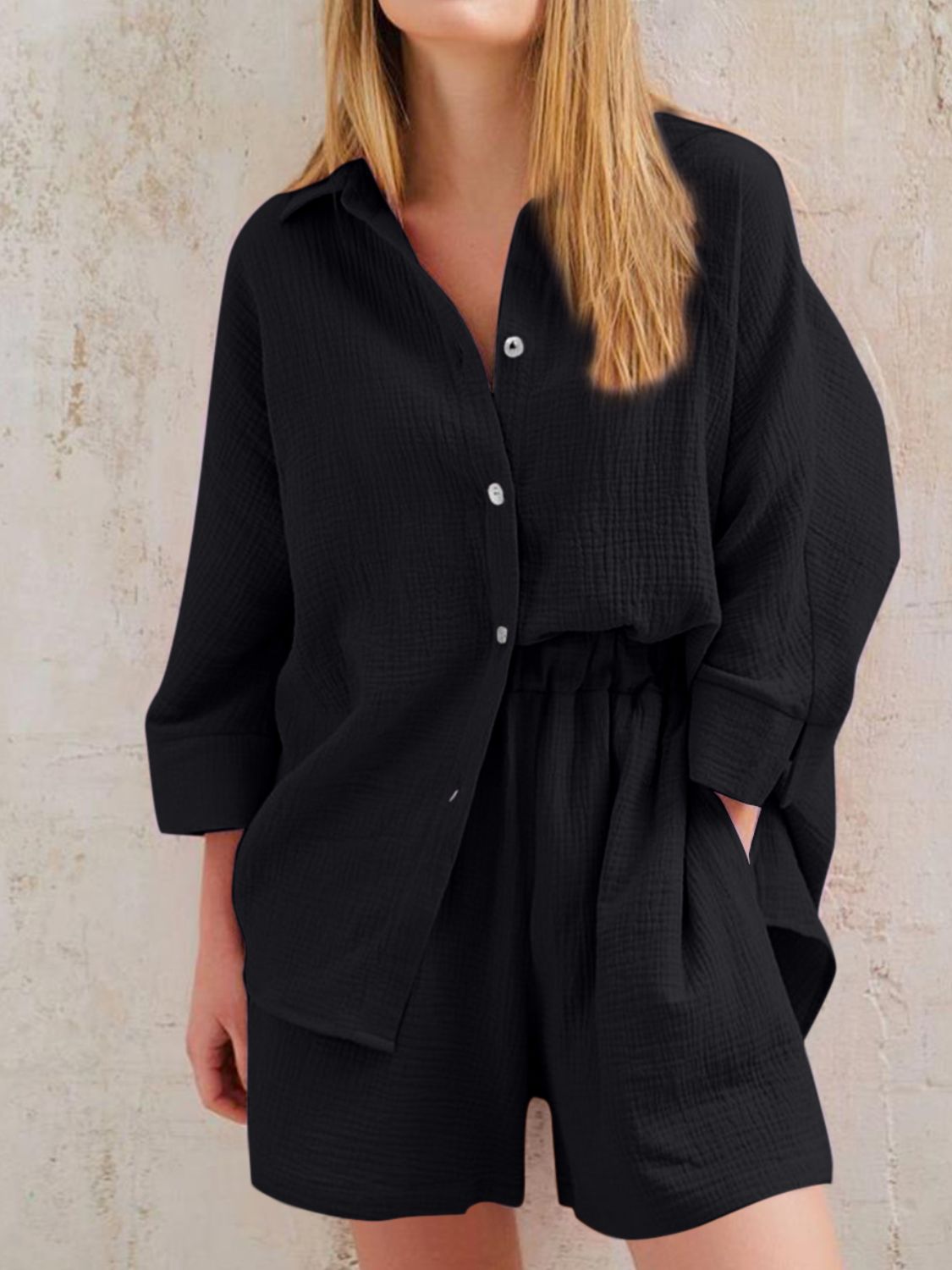 Black gauze cotton resort shirt and shorts set with button front and elastic waist shorts