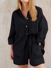 Black gauze cotton resort shirt and shorts set with button front and elastic waist shorts