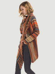 Asymmetric fringe stripe cardigan in ochre with draped neckline and acrylic knit.