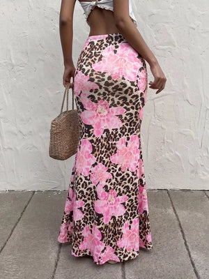 Leopard floral maxi skirt with bodycon fit and blush pink flowers
