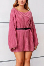 Pink oversized ribbed knit mini dress with boat neck and black belt