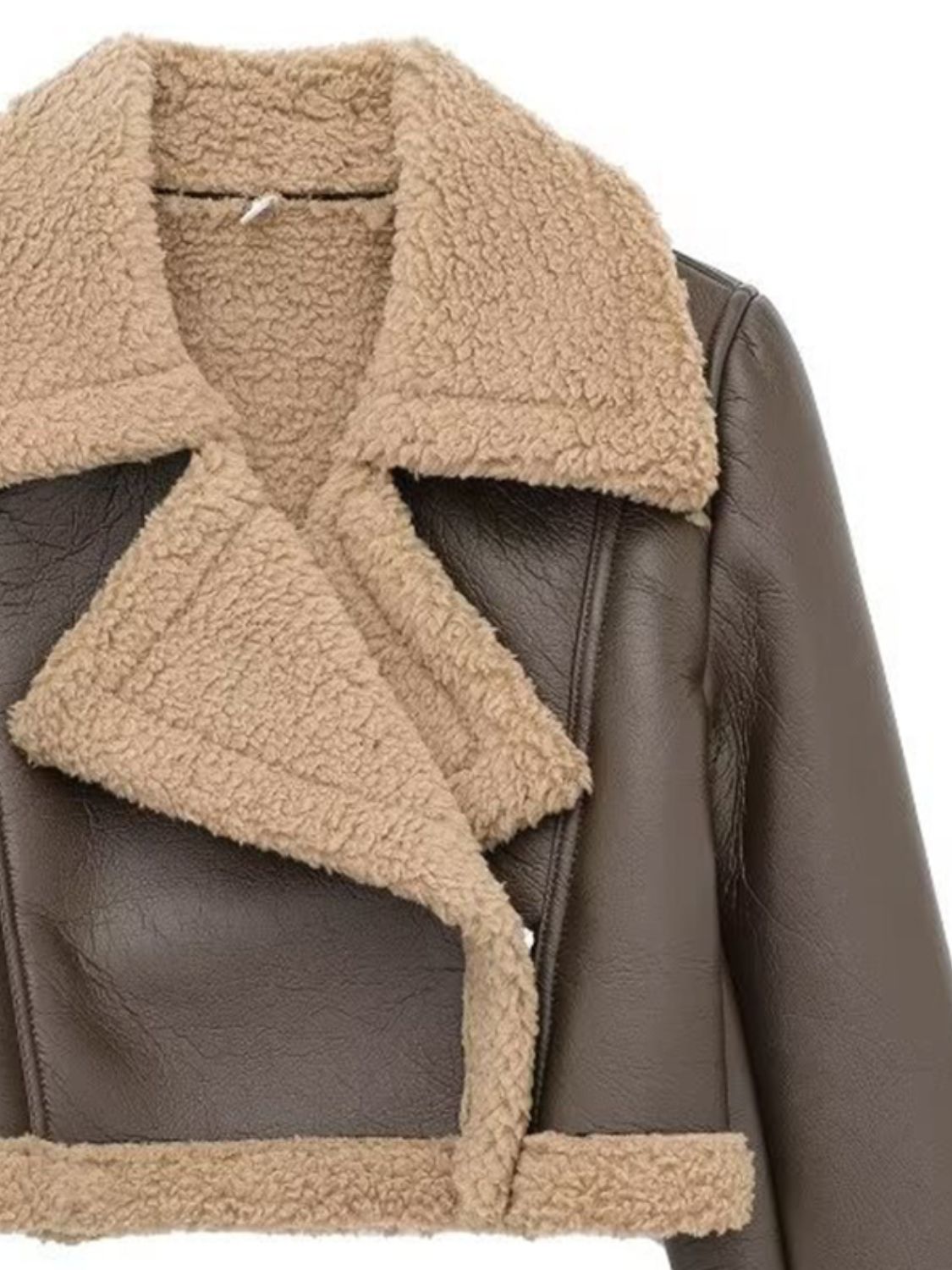 Brown faux leather aviator jacket with shearling trim and collar detail.