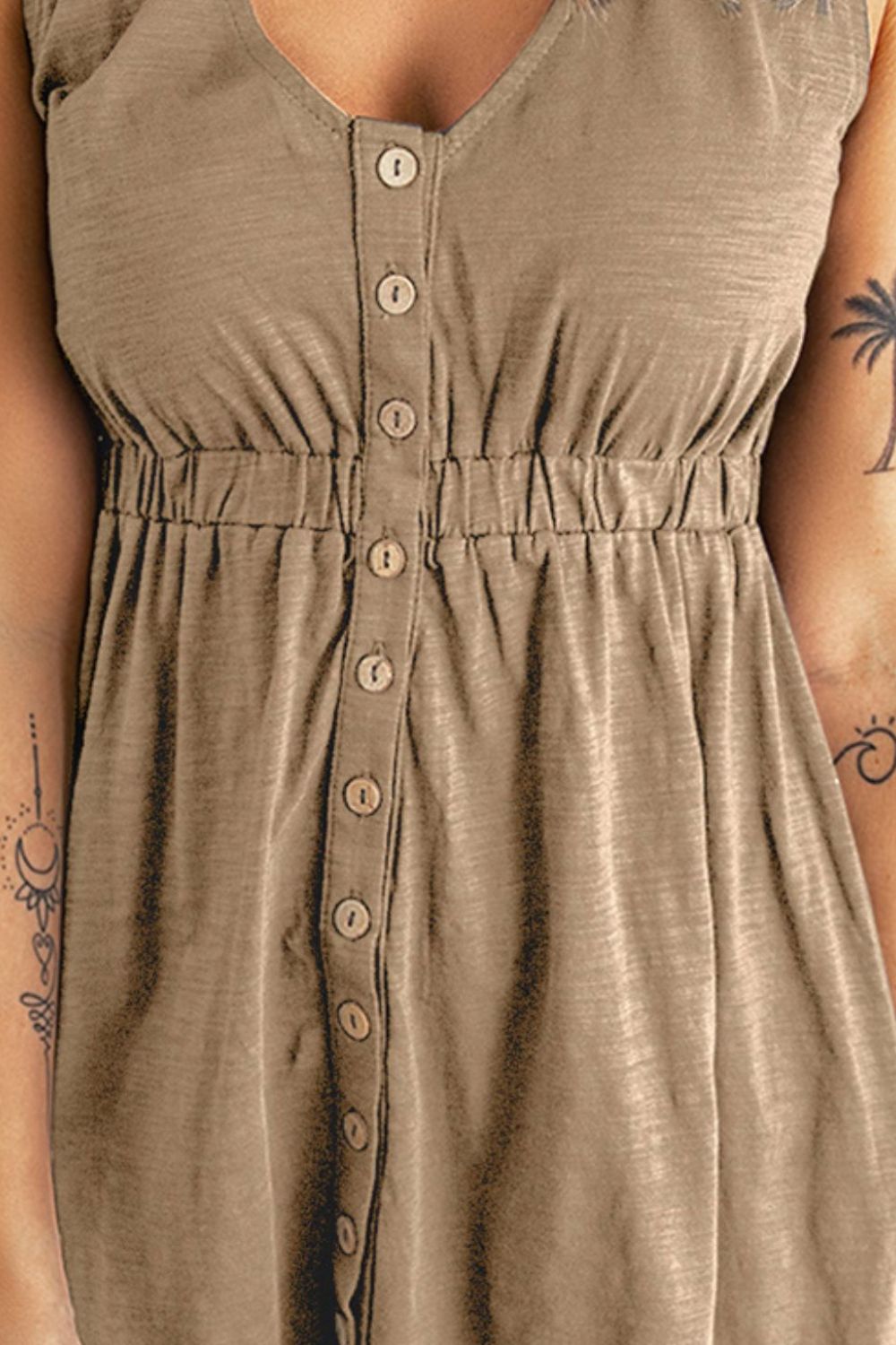 Khaki button-down mini dress with gathered waistline and v-neck
