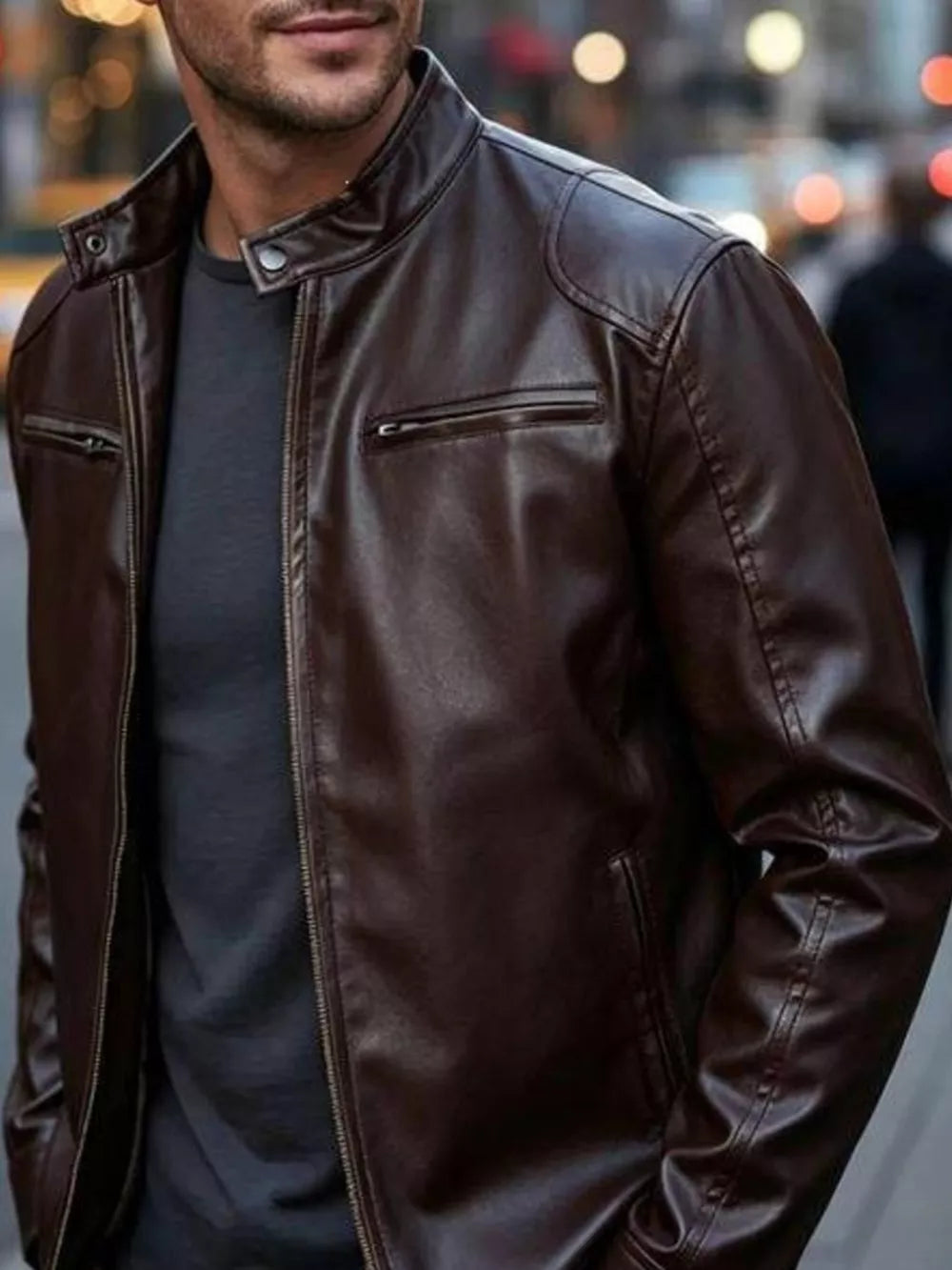 Men's Full Size Faux Leather Bomber Jacket, view 12