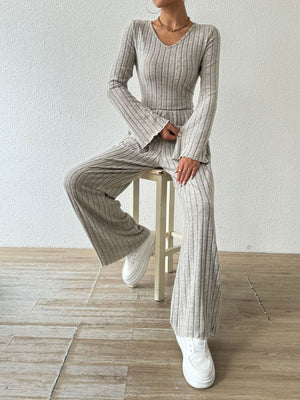Flared ribbed knit lounge set in Dust Storm with v-neck top and wide-leg pants.