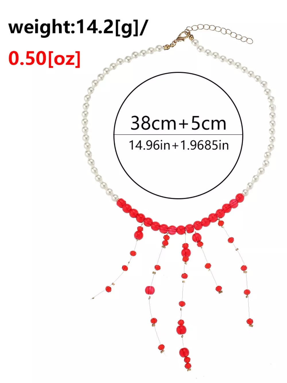 18k Gold-plated Synthetic Pearl Dangle Necklace in Deep Red, fabric detail