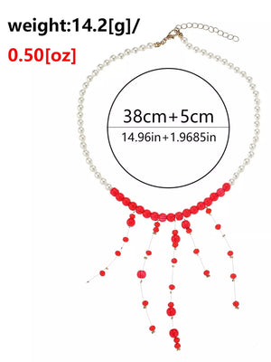 18k Gold-plated Synthetic Pearl Dangle Necklace in Deep Red, fabric detail
