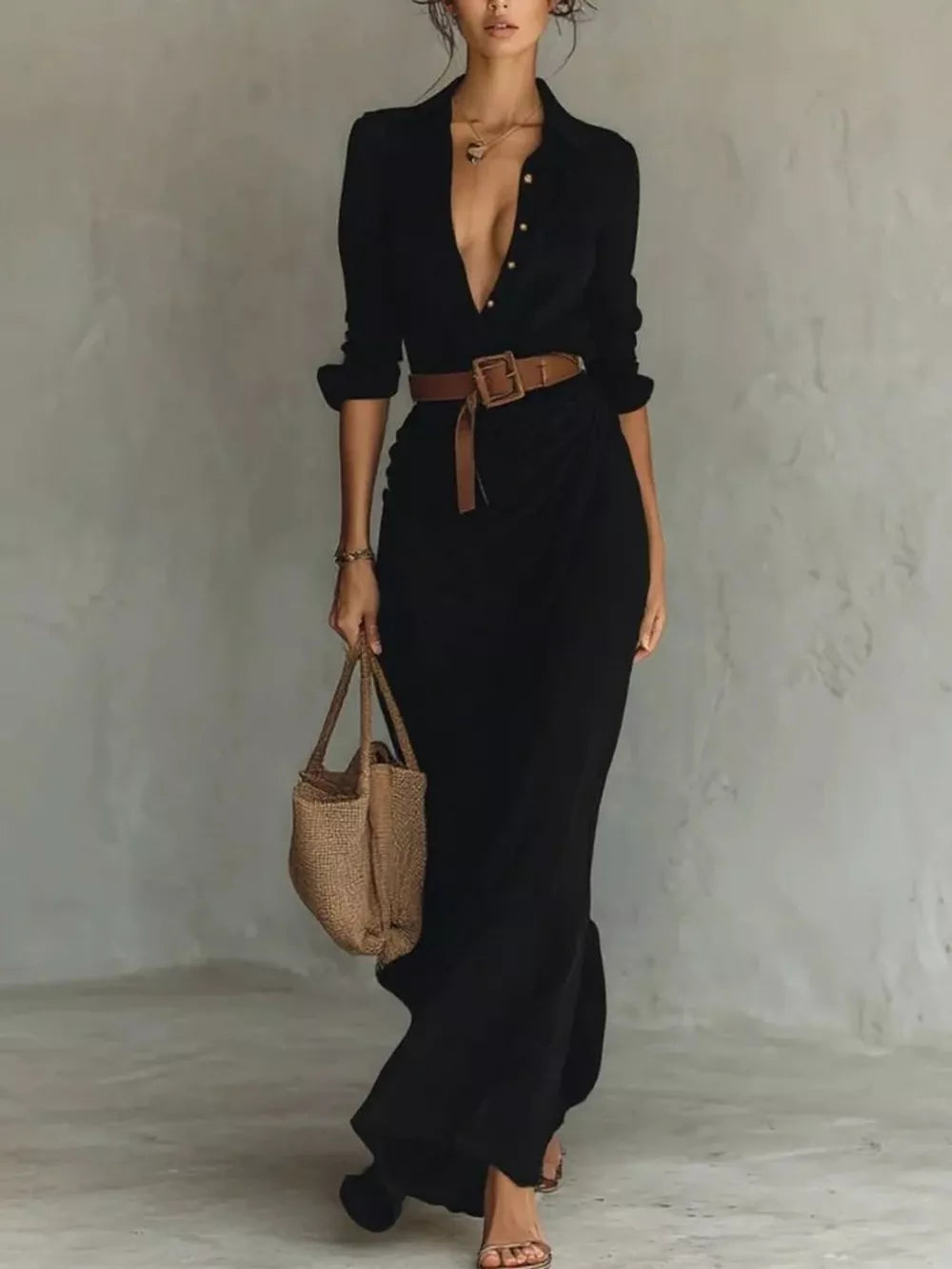 Elegant V-neck Ruched Maxi Dress With Belt in Black, close-up detail