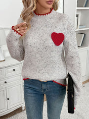 Light gray ribbed knit sweater with red heart appliqué and trim