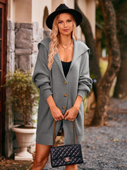 Hooded knit cocoon cardigan in gray with button front and relaxed fit.
