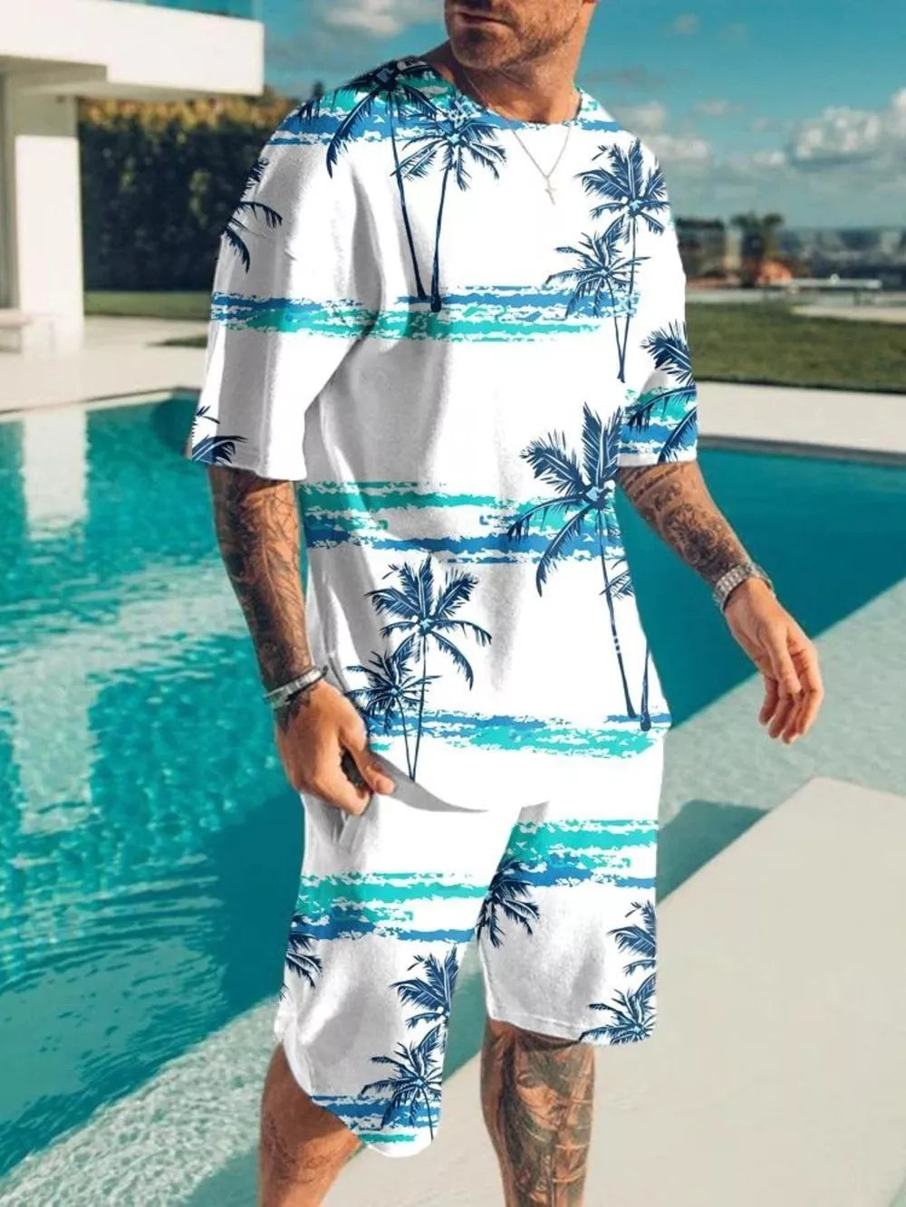 Men's Palm Tree Print Top And Shorts Set Plus Size in Aqua, close-up detail