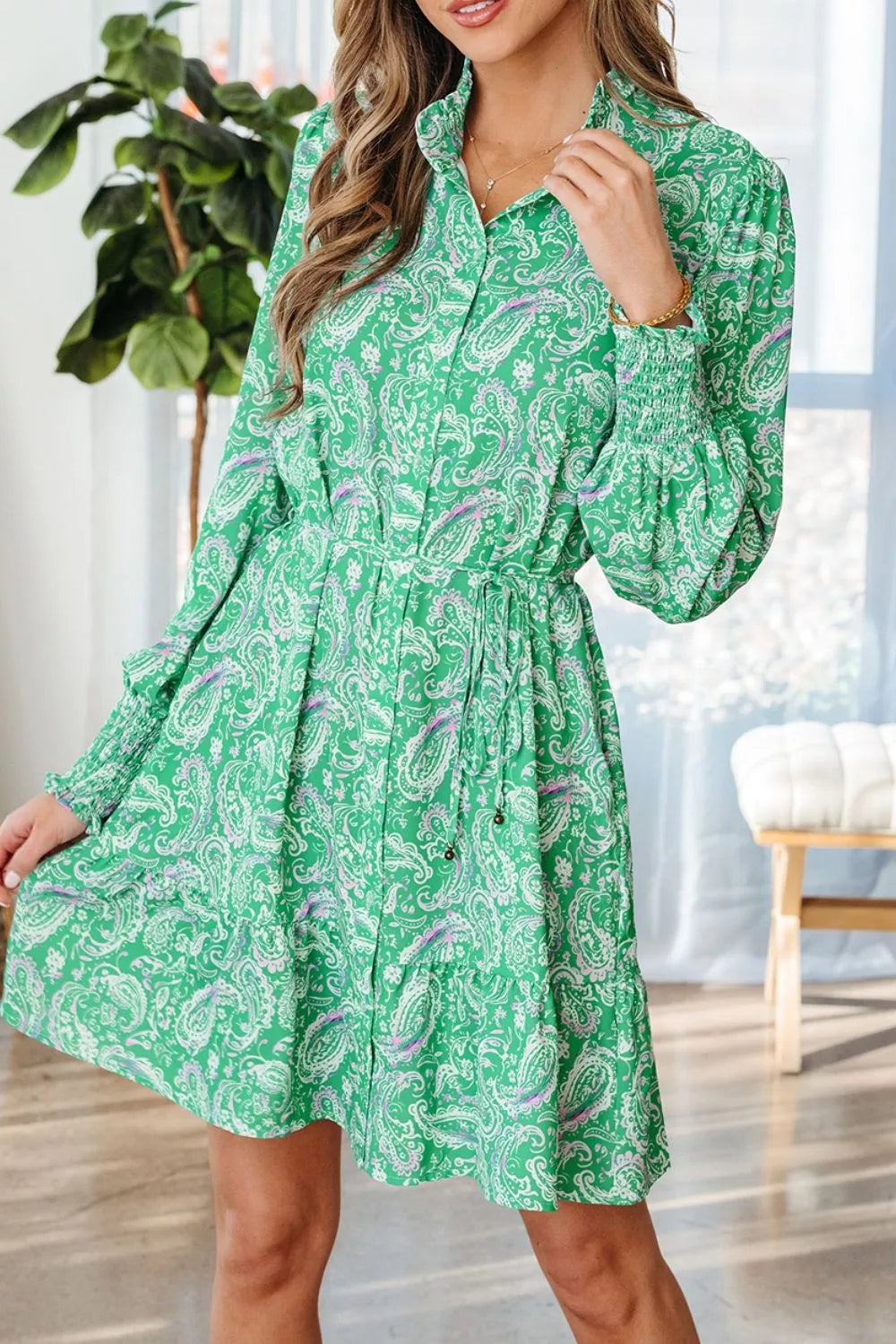 Paisley Print Button-up Mini Dress in Gum Leaf, front view