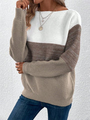 Colorblock boatneck knit sweater in taupe, brown, and white acrylic with a relaxed fit.