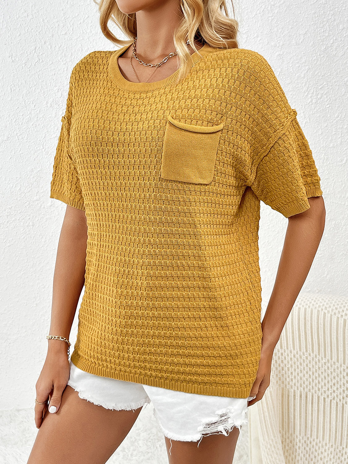 Textured knit t-shirt in chartreuse with boxy silhouette and chest pocket.