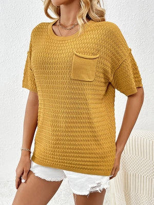 Textured knit t-shirt in chartreuse with boxy silhouette and chest pocket.