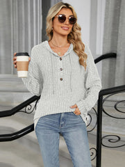 Light gray ribbed knit henley hoodie with buttons and drawstring hood.