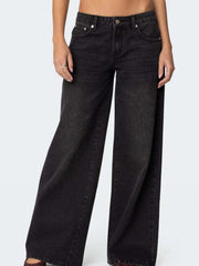 Black wide leg denim jeans with button fly and ankle length