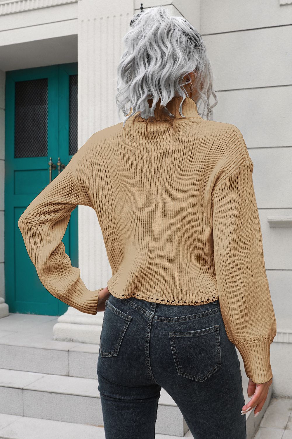 Camel ribbed turtleneck sweater with scalloped hem detail