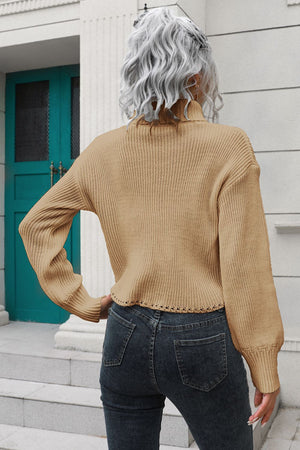 Camel ribbed turtleneck sweater with scalloped hem detail