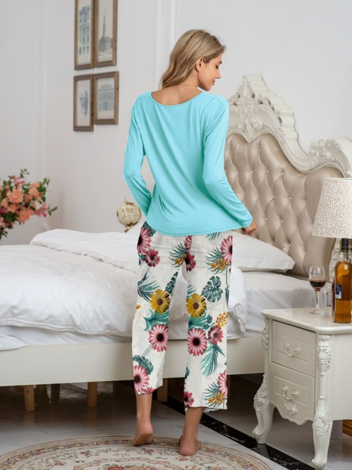 Aqua long sleeve top and botanical print lounge pants with tie detail.