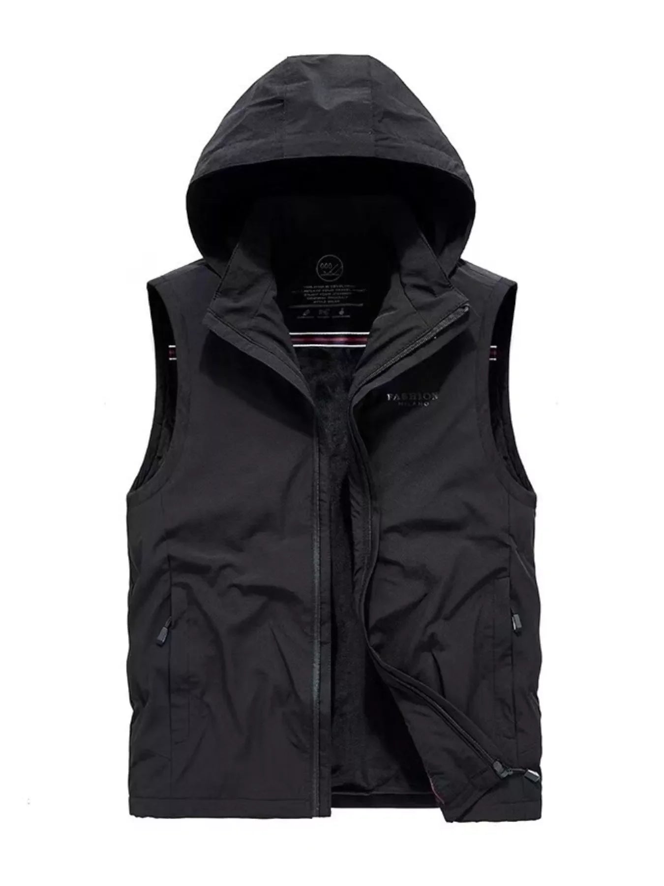 Black hooded zip vest with fleece lining and zippered pockets.