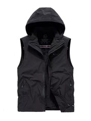 Black hooded zip vest with fleece lining and zippered pockets.