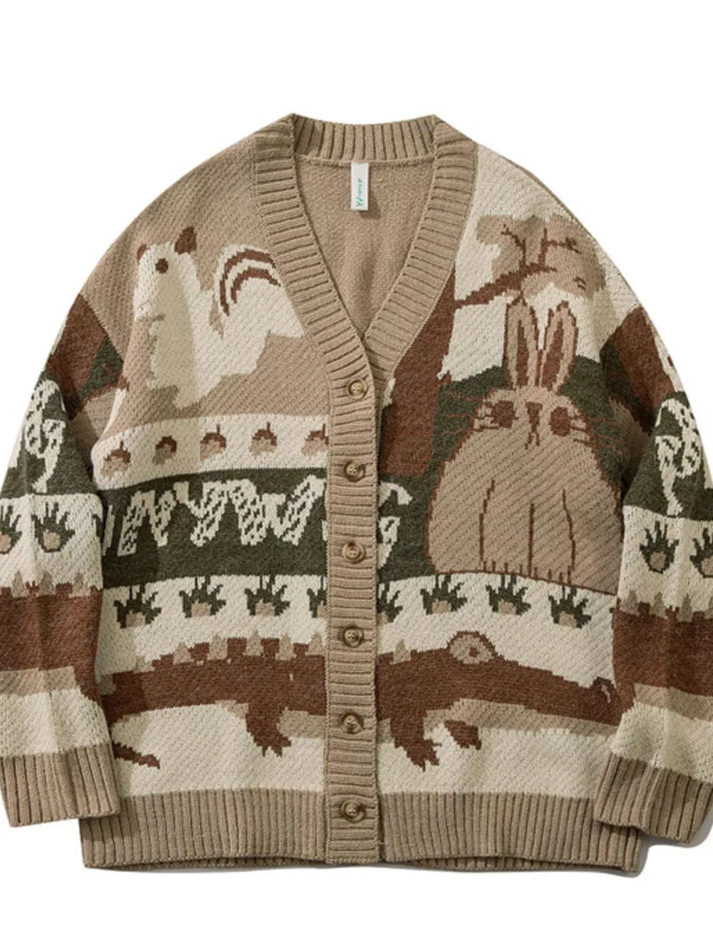 Men's Woodland Critter Knit Cardigan in Khaki, front view