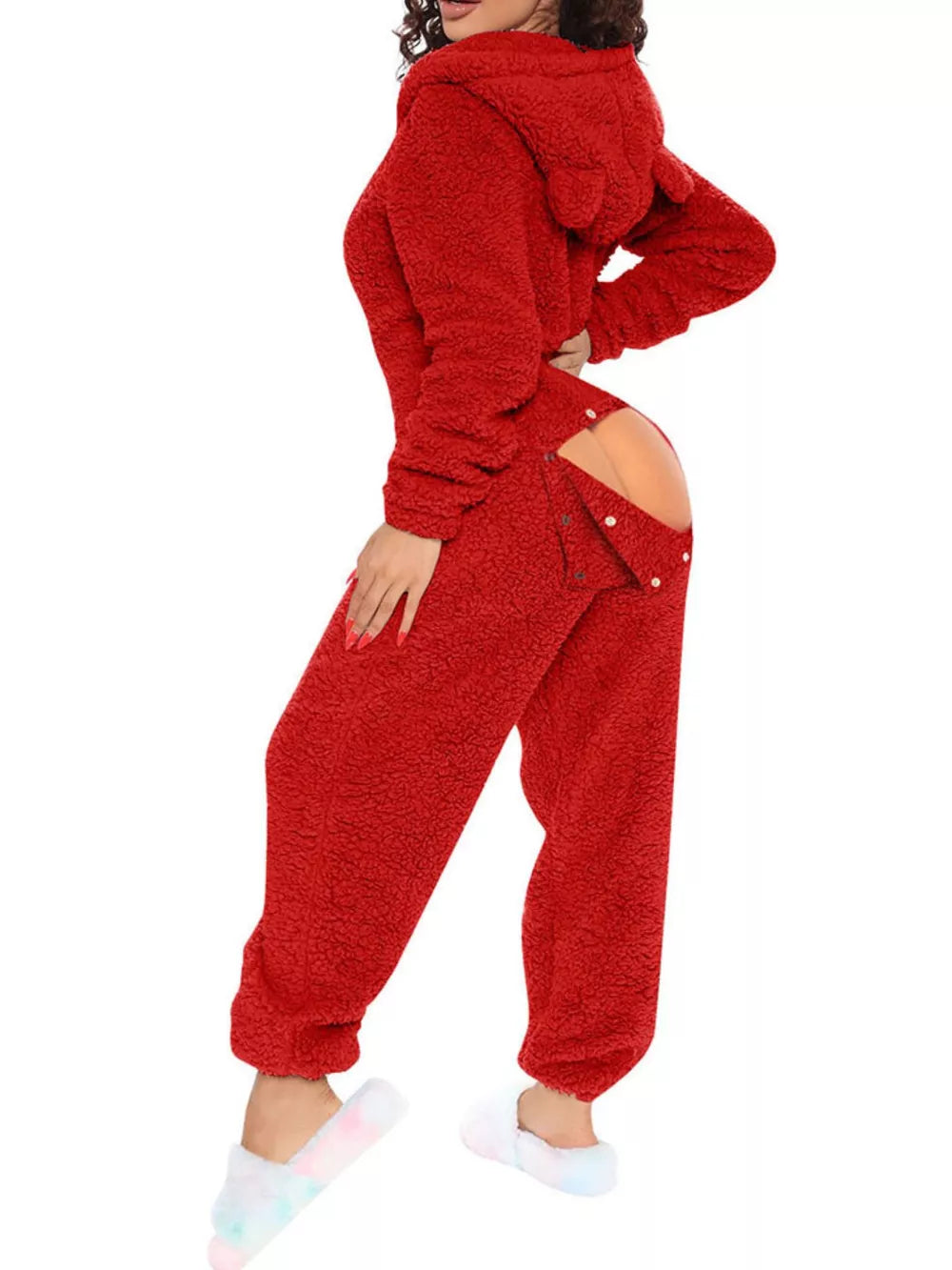 Red fleece hooded romper with button-back detail and ear accents.