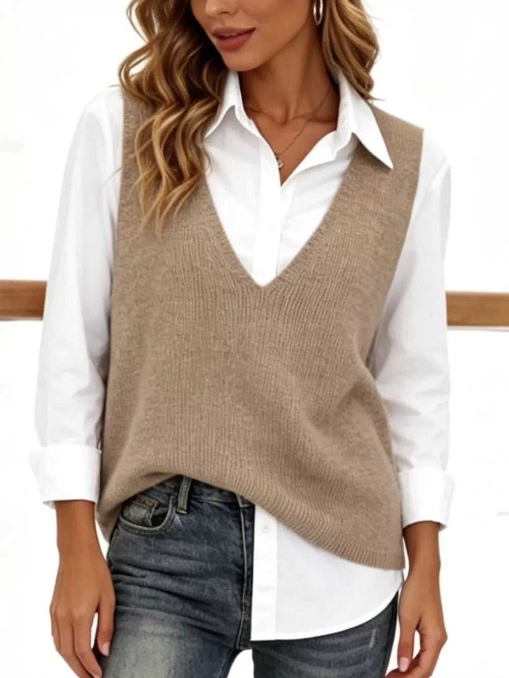 Chic V-neck Sleeveless Knit Sweater Vest Plus Size in White, fabric detail