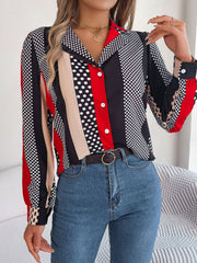 Panelled print collared blouse with black, red, beige and white polka dot and stripe patterns.